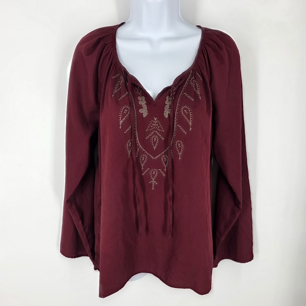 Sara Studio Women’s Maroon Embroidered Boho Peasant Blouse Top Large